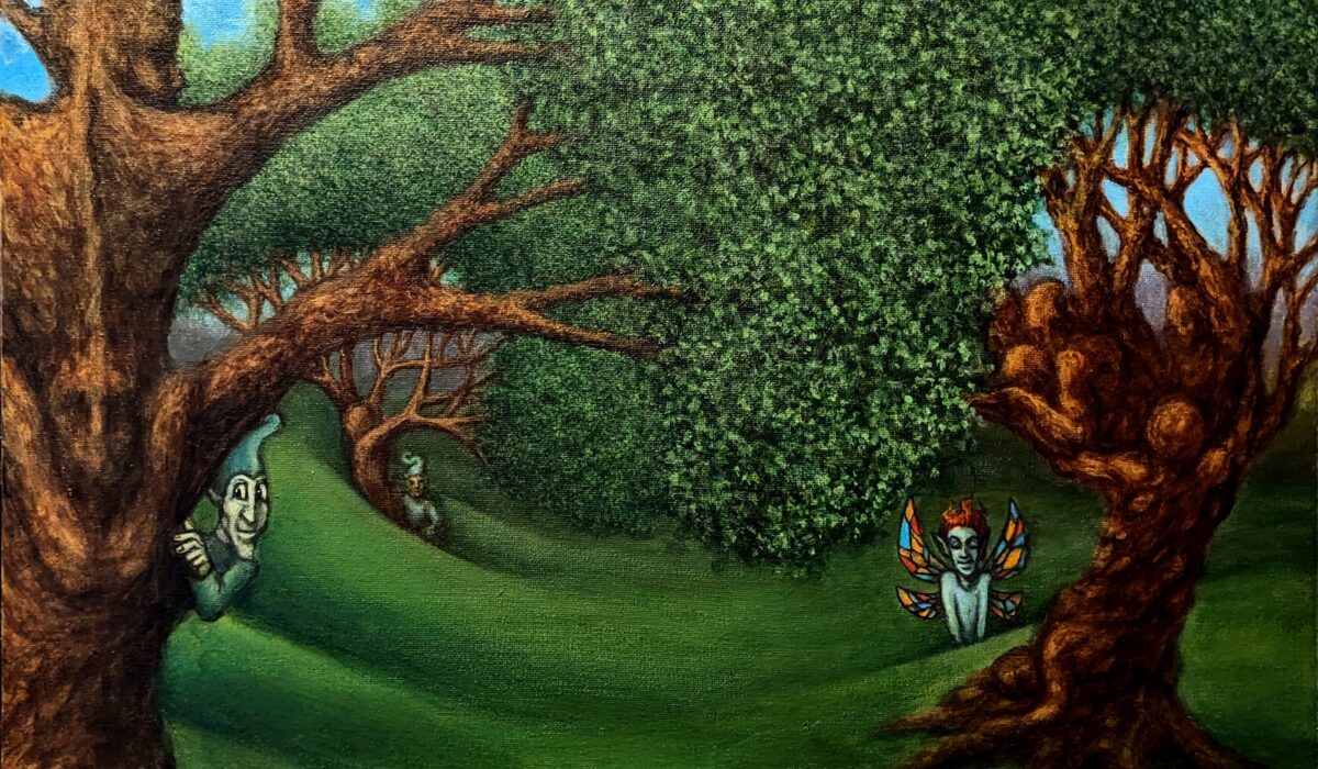 Painting of a fairy tale forest with gnomes, fairies and strange trees